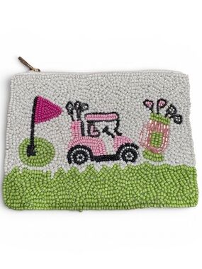 Golf Cart Seed Bead Coin Purse Beaded Zip Pouch